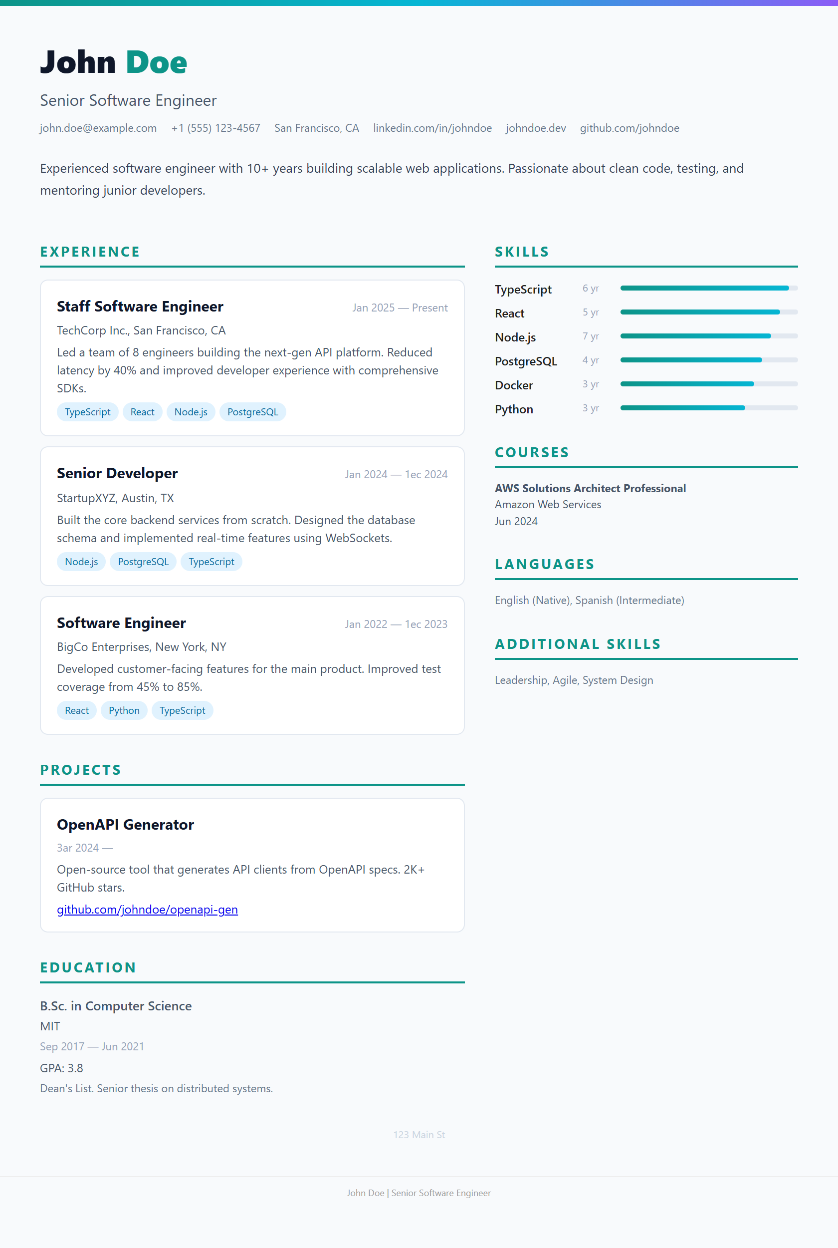 Modern template — example resume generated by Best JobFinder's AI for a job description